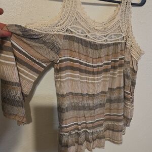 Maurices Beige and Brown Striped Cold Shoulder Blouse